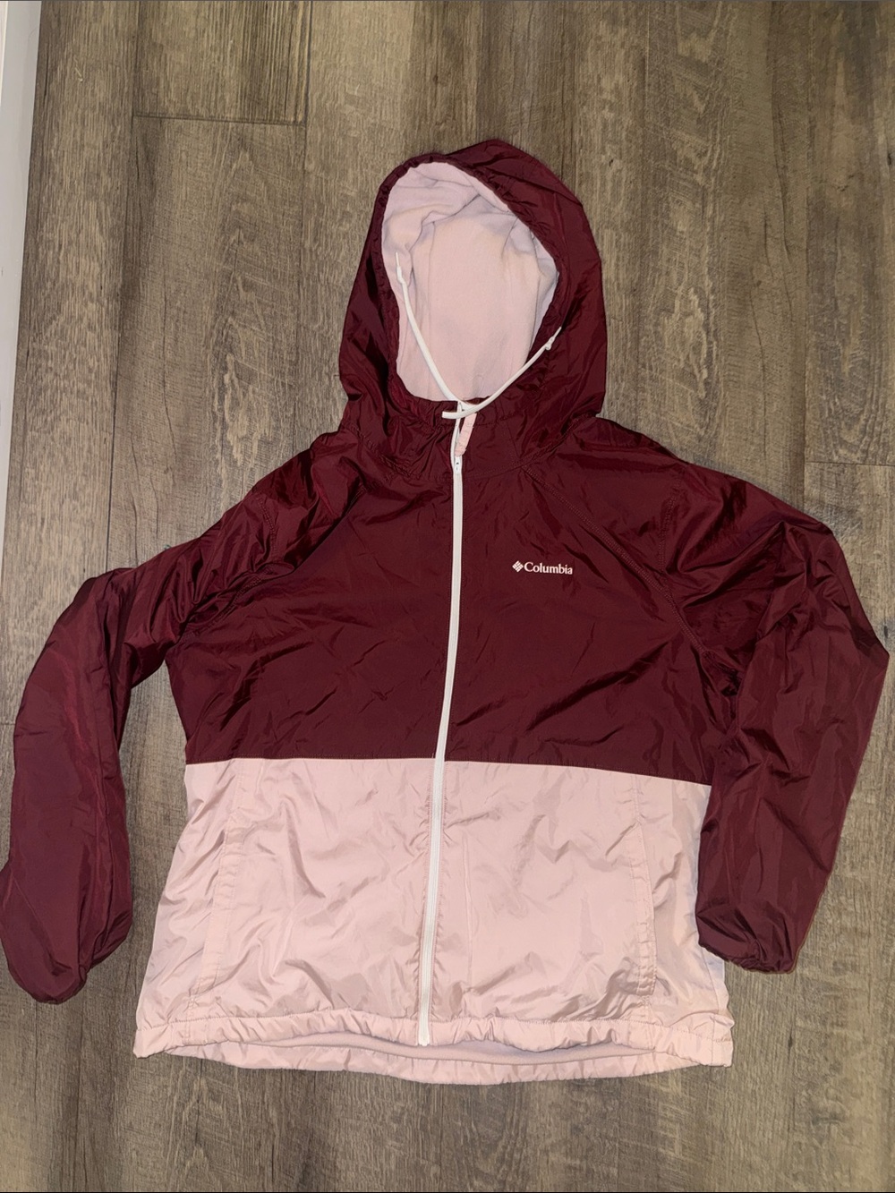 Columbia Two-Tone Hooded Rain Jacket - Maroon & Light Pink
